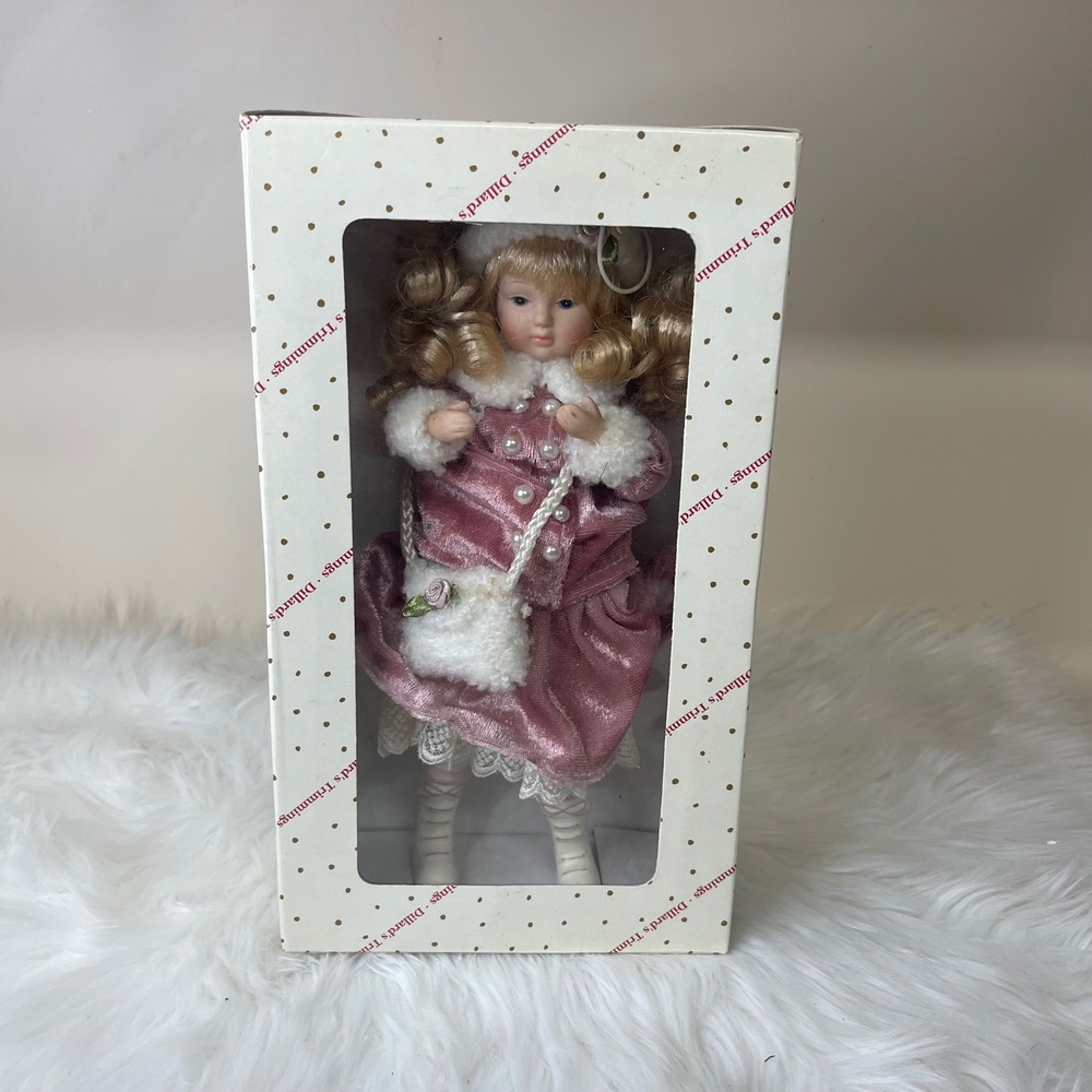 Vintage Dillard's Trimmings Winter Girl Ornament‎ Pink Velvet Coat w/ Box